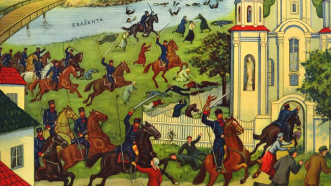 Lietuviškas atvirukas, vaizduojantis Kražių žudynes, kai rusų kazokai išžudė lietuvius katalikus, gynusius savo bažnyčią nuo uždarymo. Tai prieš lietuvius nukreiptos diskriminacijos, dėl kurios žmonės buvo stumiami iš Lietuvos, pavyzdys